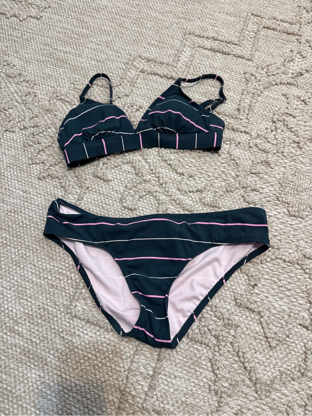 Kona Sol Navy Bikini Set with Pink and White Stripes